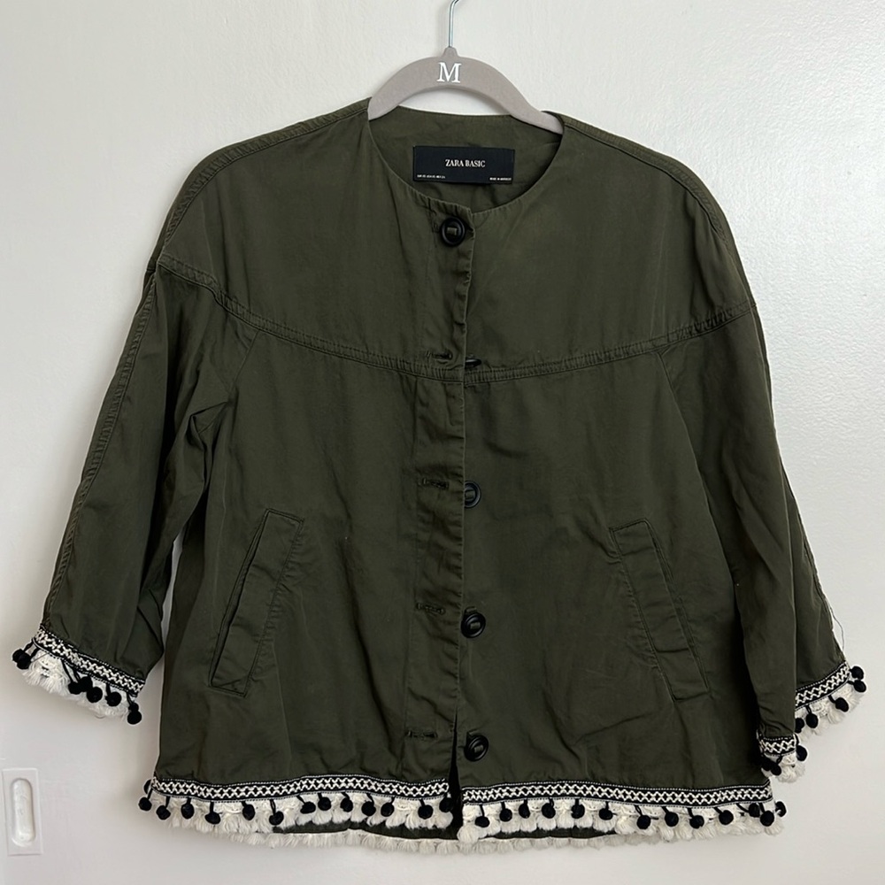 ZARA Olive Green Cotton Twill Jacket Pompom Boho Style Size S
